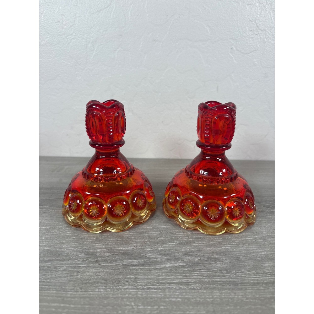 Vintage LE Smith Moon and Star Amberina Glass Taper Candle Holders Set of 2